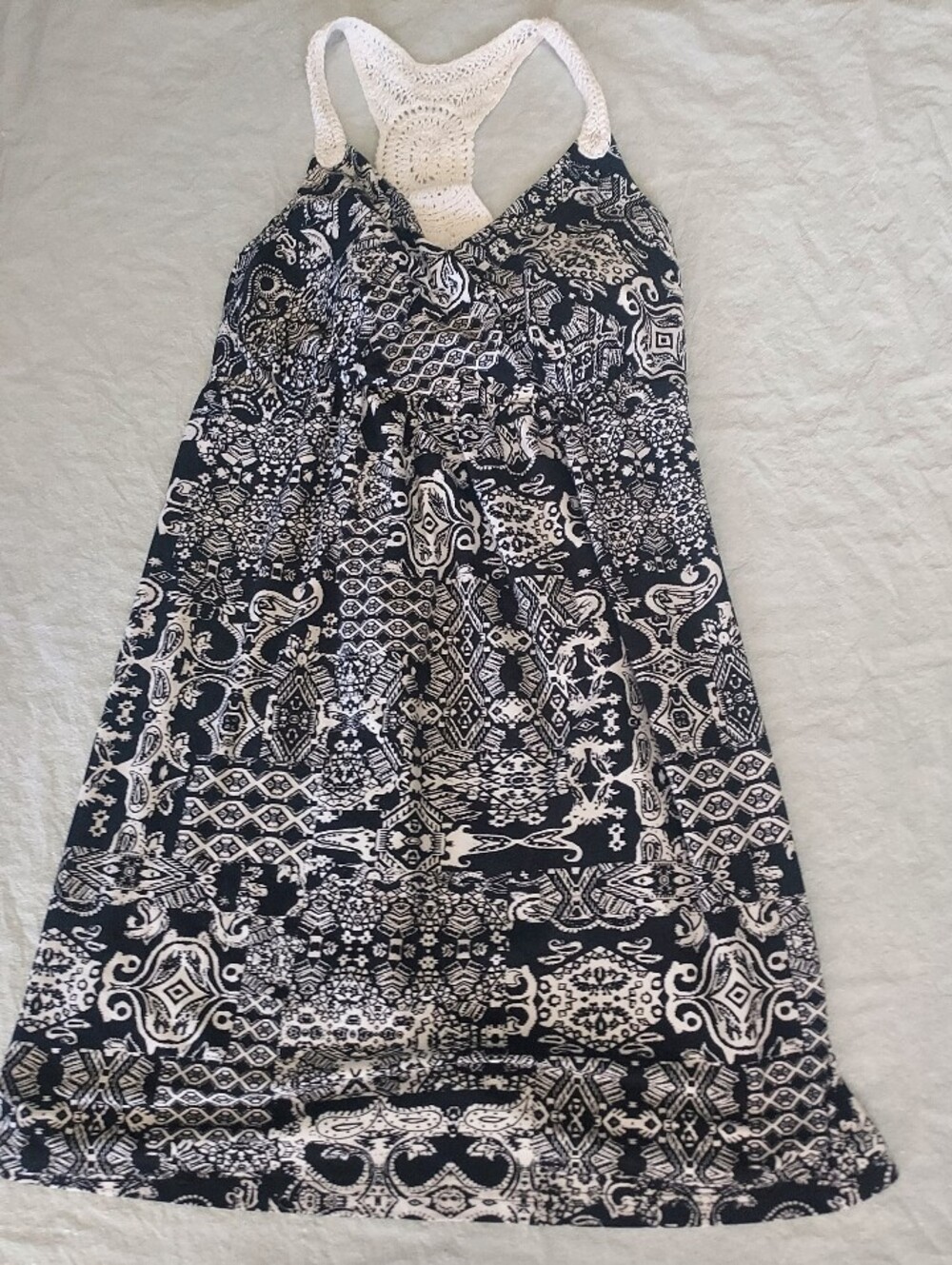 Derek Heart Black & White Printed Crocheted Racerback Midi Dress